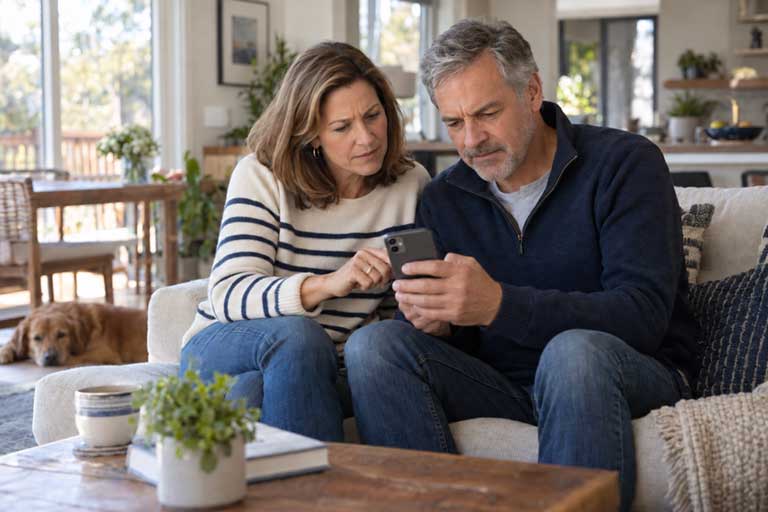 A couple in their late fifties and early sixties looking concerned as they check their iPhone